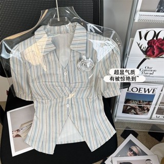 Yelly's~Shop獨特別緻小個子收腰上衣短袖條紋襯衫女裝夏季設計感小衆純慾修身