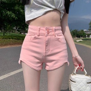 Yelly's~Shop甜辣風ins設計粉色牛仔短褲2024夏季新款高腰顯瘦緊身a字辣妹熱褲