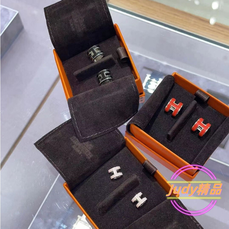 二手精品 HERMES/愛馬仕 POP琺瑯H 橢圓琺瑯耳釘 POP H耳釘 Mini耳釘