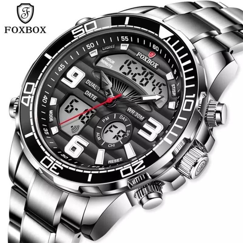 【台灣出貨】Foxbox 數字手錶時尚運動 LED 雙顯示防水夜光日曆日期極簡男士