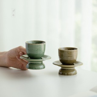 越窯青瓷茶杯 杯墊組合 仿宋茶杯 復古蓮花茶盞 品茗杯 家用陶瓷 茶具 禮盒
