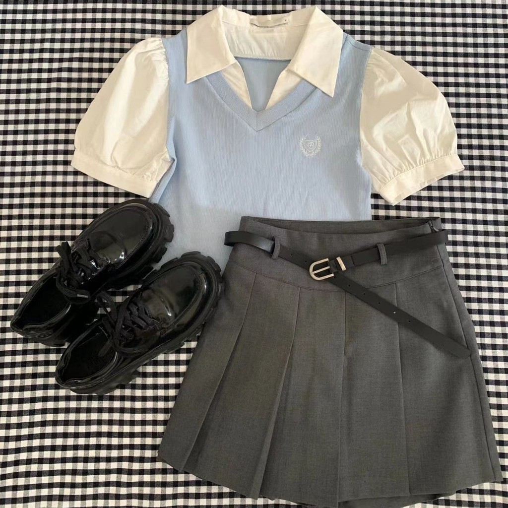 Yelly's~Shop女童夏季假兩件套裝2024新款洋氣學院風時髦短袖襯衫百褶裙兩件套