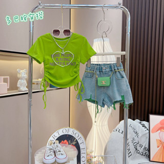 Yelly's~Shop女童夏季新款套裝2024洋氣兒童舒適字母抽繩上衣韓版牛仔短褲潮