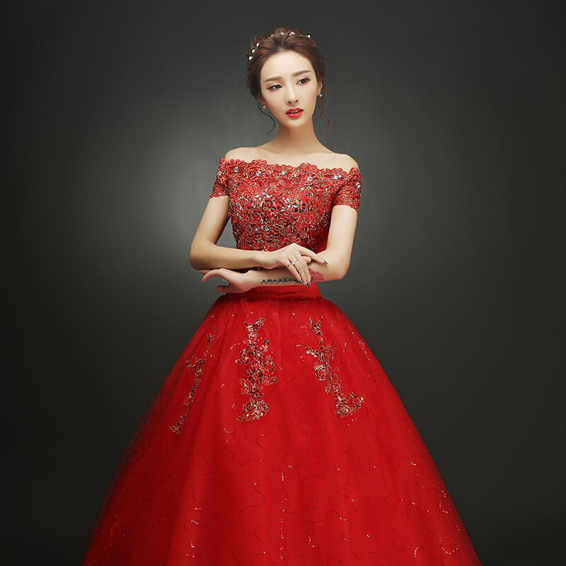 紅色婚紗新款新娘婚紗裙中學生成人禮修身齊地韓式大碼一字肩 【北極星賣場】