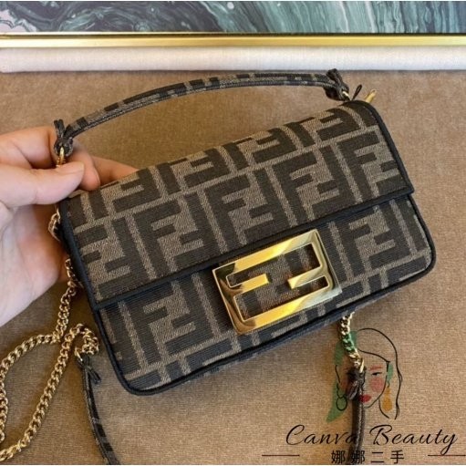 二手精品 FENDI 芬迪 baguette MIni 老花 法棍包 鏈條包 肩背包 斜挎包 手提包 帆布包