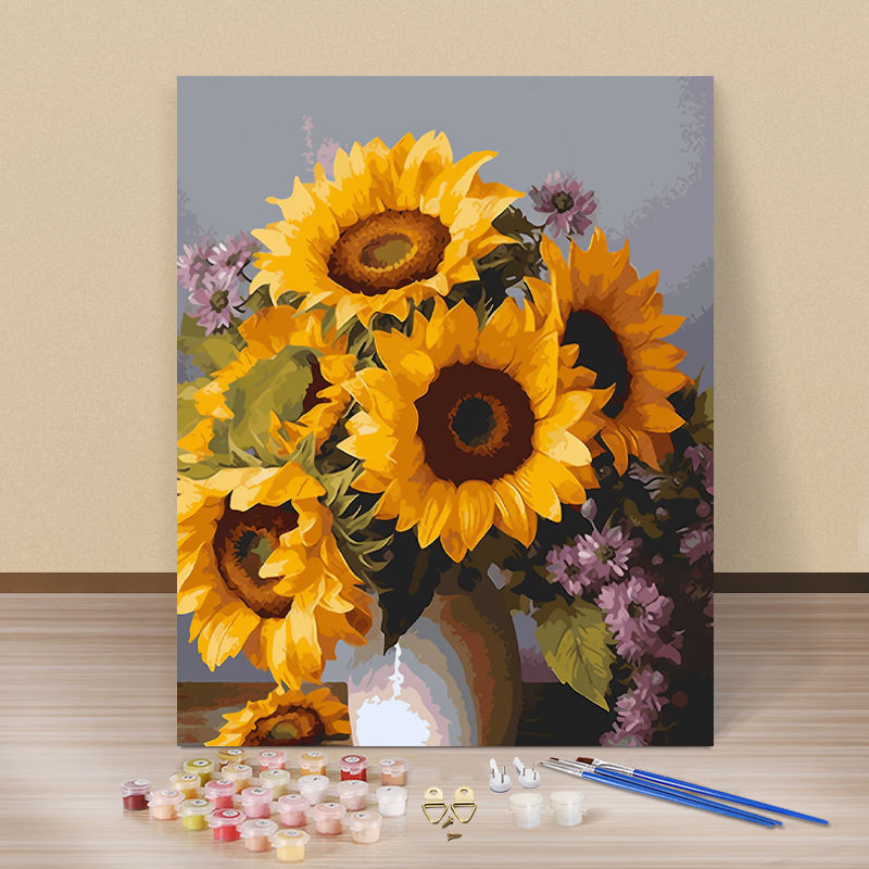 🔥歡樂蜂🔥手繪填色向日葵太陽花diy數字油畫填充油彩畫減壓房間裝飾丙烯畫