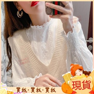 2024新款💝法式蕾絲衫上衣女春季新款木耳花邊袖內搭小衫立領百搭白色打底衫 WBVQ