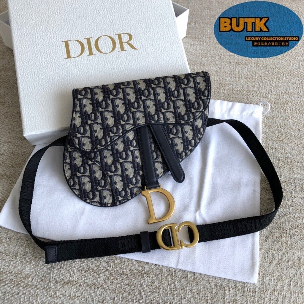 現貨二手 Dior 迪奧 Oblique藍色提花 刺繡 帆布馬鞍腰包 胸包 斜挎包