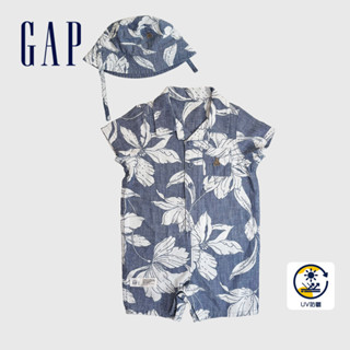 Gap 嬰兒裝 純棉小熊刺繡防曬翻領短袖包屁衣/連身衣-水洗藍(434806)