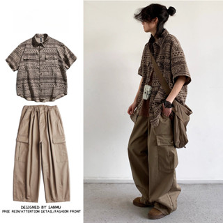 韓係套裝套裝夏天 男休閒服 男生套裝 潮牌套裝 工裝短袖兩件裝/單件複古著感短袖襯衫男女學生民族風廓形休閒襯衣夏套裝