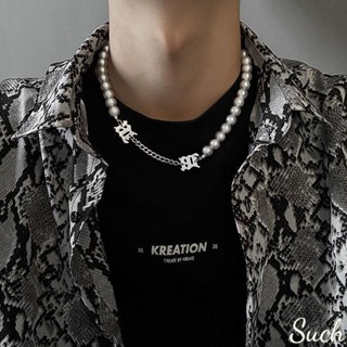 Such｜項鍊🔥鈦鋼項鍊｜項鍊男 男生項鍊 古巴項鍊·字母M項鍊拼接珍珠項鍊男潮男個性嘻哈哥特風飾品鎖骨鍊 吊墜 項鏈