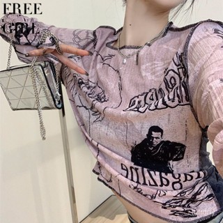 【Free Girl】辣妹修身長袖T恤薄小個子塗鴉印花防曬罩衫上衣外搭 防曬衣 內搭打底衫 性感上衣 長袖上衣 薄上衣