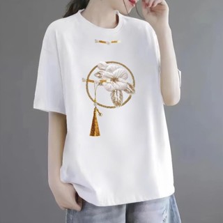 100純棉夏季新中式國風短袖印花T恤女大碼寬松遮肚時尚百搭上衣 國潮 中國風上衣 復古上衣 大尺碼上衣 顯瘦 短袖T恤