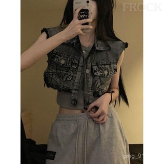 【FROCK】複古無袖牛仔背心外套女毛邊設計感小眾短款寬鬆百搭上衣 短版短袖 大碼上衣 性感上衣 短袖上衣 馬甲背心