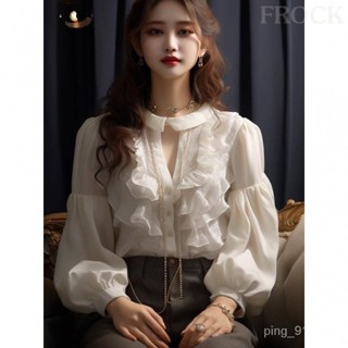 【FROCK】設計感氣質蕾絲襯衫新款輕熟小衫上衣 薄款外套 內搭襯衫 外穿襯衫 防曬衫 性感上衣 短款襯衣 長袖襯衫