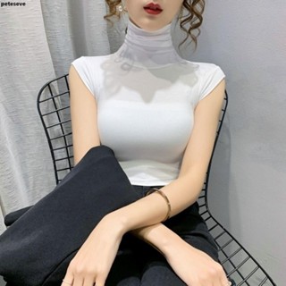 【PETESEVE】高領蕾絲打底衫👕堆堆高領打底衫女內搭洋氣短款緊身上衣2024春款女裝白色無袖t恤