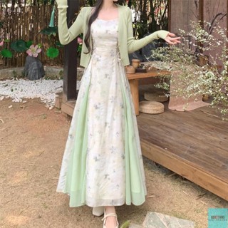 BINGTANG 春夏季女裝高階感法式新中式國風雪紡碎花弔帶連衣裙兩件套裝