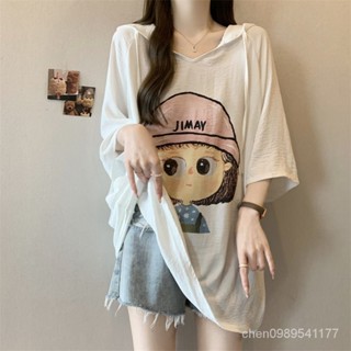 最新款 上衣女 大碼女裝連帽短袖T恤女夏季2024新款寬鬆顯瘦小女孩印花上衣 夏季上衣女 高品質 41XM