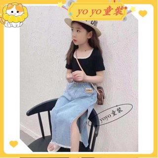 💖yoyo童裝💖初夏新品女童套裝裙子韓版童裝夏季洋氣素色短版上衣開叉牛仔裙兩件式套裝 女孩休閒網紅薄款短袖恤中大童半