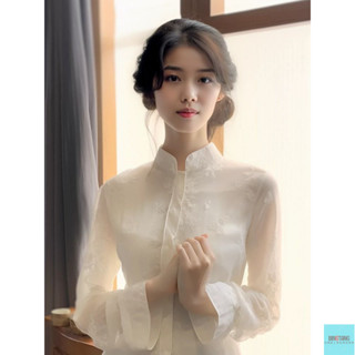 BINGTANG服飾 襯衫 襯衣 短款襯衫 新中式襯衫 新中式國風氣質長袖白色立領襯衫女早春高檔清新襯衣上衣