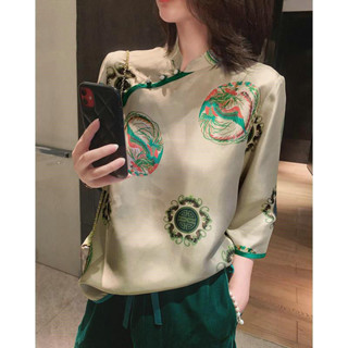 中國風上衣女 復古新中式重磅模擬絲鳳凰印花中袖上衣唐裝女中國風改良旗袍襯衫 新中式上衣 五分袖t恤女 大尺碼夏季短袖女