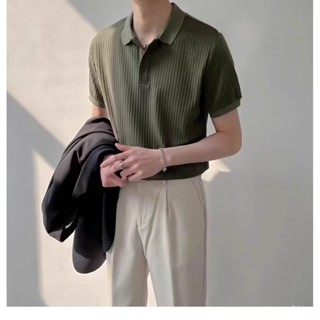 【臺灣發貨】韓國冰絲高品質POLO衫 英倫輕奢男條紋針織翻領短袖 素色 polo衫男 潮牌 夏季T恤 韓版 修身百搭上衣