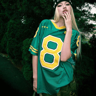 ✨夏季必備✨辣妹穿搭✨SUCHCUTE美式校園大印花寬鬆撞色v領球服T恤女複古顯瘦街頭上衣夏