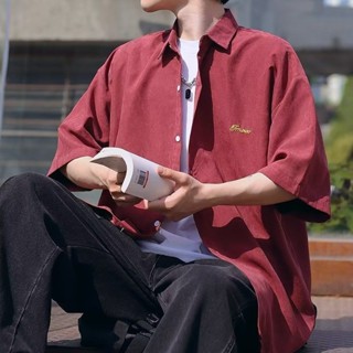 ✈✈酒紅色文藝復古短袖襯衫男夏季潮牌痞帥高階感純色襯衣青少年半袖vintage襯衫·搖滾古著