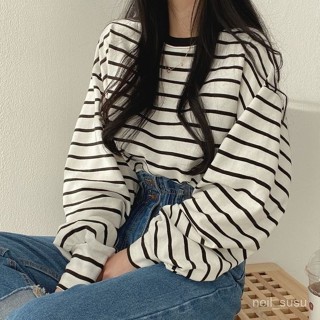 【限時特賣】 長袖上衣 長袖T恤 辣妹上衣 女生上衣 條紋長袖T恤女2021年新款潮大碼春秋季韓版寬鬆ins設計感小眾女