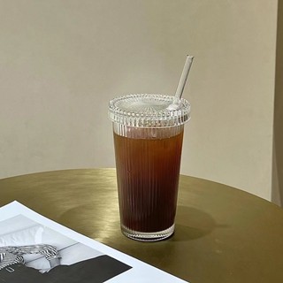 ZERO HOME 居家選物ins豎條紋帶蓋吸管杯高顏值水杯拿鐵咖啡杯牛奶飲料杯果汁玻璃杯#預購#開超取請聊聊我