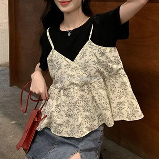 ✨特價✨大尺碼胖妹妹遮肉系短版上衣女夏季碎花吊帶拼接假兩件短袖t恤300斤