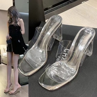 臺灣出貨💖高跟鞋涼鞋女2024年夏季新款時尚透明中跟水晶鞋時裝粗跟外穿拖鞋 安妮