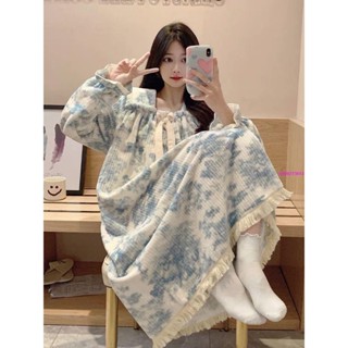 保暖睡衣 睡裙女冬季珊瑚絨公主風長袖高階感長款法蘭絨浴袍少女睡袍家居服