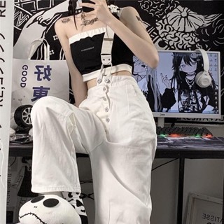 大尺碼吊帶褲 口袋背帶褲 白色連體吊帶褲女 學生長褲 設計感 高腰顯瘦 單肩斜背帶牛仔褲 牛仔背帶褲 連身褲 直筒褲女