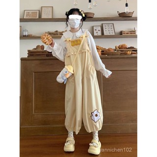 點心喵 森系穿搭 日系森林系 日系穿搭 森林系 日系女裝 日系學院風套裝女韓版寬鬆娃娃領襯衫+甜美可愛少女背帶褲兩件套