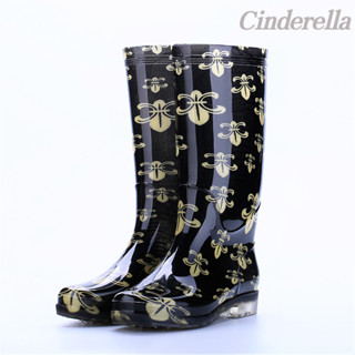 Cinderella 花紋高筒水晶水鞋PVC防滑防水保暖雨鞋膠鞋 雨鞋女 雨靴 雨鞋 防水雨鞋 水鞋 防滑雨鞋 時尚雨鞋