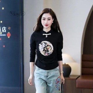 盤扣新款春季中式國風重工刺繡時尚打底長袖繡花百搭T恤上衣 中國風上衣 旗袍上衣 盤扣上衣 長袖t恤女 內搭衫 打底衫
