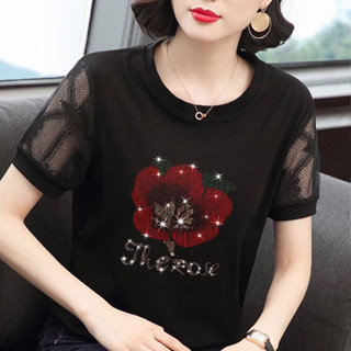 大碼女裝夏季新款蕾絲鏤空短袖T恤黑色燙鑽打底衫女上衣媽媽裝
