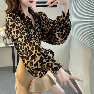 雪紡長袖上衣女 印花豹紋時尚上衣秋日女裝2024新款顯瘦燈籠袖襯衫雪紡氣質襯衣女 薄長袖上衣 女生防曬雪紡襯衫 春秋長袖