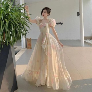 禮服 晚禮服 訂婚服 法式宮廷風重工碎花泡泡袖連衣裙超仙甜美高階感在逃公主裙蓬蓬裙訂婚 結婚 輕奢禮服