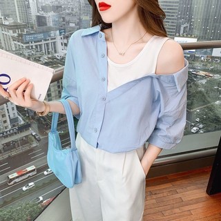 SY短袖上衣時尚露肩襯衫女設計感小眾短袖襯衫新款夏季寬鬆假兩件拚接別緻上衣V領上衣