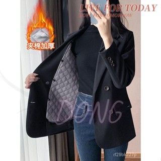 黑色夾棉西裝外套女冬季加厚新款時尚氣質小個子休閒加棉毛呢西服