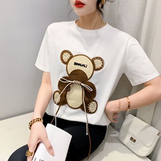 [Jaylee]純棉t恤 時尚圓領綁繩小熊短袖T恤女 減齡設計感寬鬆T恤 顯瘦上衣 短袖女 韓版上衣 t恤女 短袖上衣