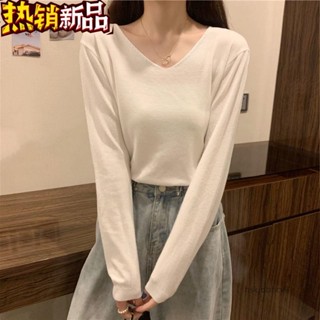 🔥藍天商場🔥S-XLV領針織長袖白色t恤女2023年春秋季新款緊身外穿打底衫女內搭上衣