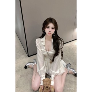 【Free Girl】長袖包臀短裙 長袖襯衫連衣裙白色方領收腰顯瘦蓬蓬短裙子 法式洋裝 性感短洋裝 包臀連衣裙 夜店洋裝