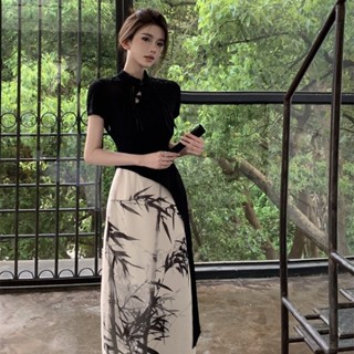 （免運）女裝-潮流館大碼胖mm新中式改良水墨旗袍連衣裙女夏國風設計感短袖長裙200斤