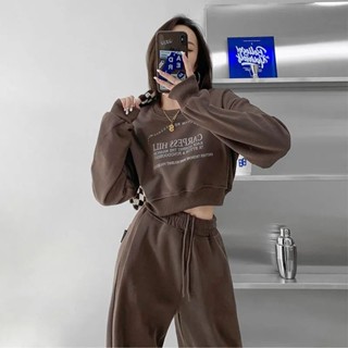 【Wik】秋季穿搭 女生套裝 新款辣妹套裝 韓版百搭短款寬鬆顯瘦上衣+高腰休閒褲 長袖長褲套裝 休閒套裝