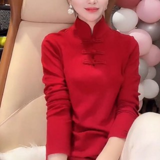 中國風上衣女 德絨國風內搭立領保暖打底衫女秋冬新款設計感盤扣修身百搭上衣潮 新中式上衣 長袖打底衫女 春秋國風保暖長袖女