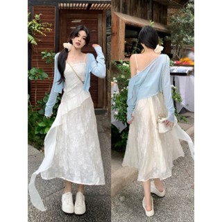【熱賣新品】【桃園出貨】韓係設計感甜美法式收腰顯瘦僊女吊帶連衣裙+時尚百搭開衫兩件套甜美名媛高階感洋裝