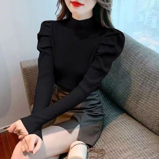 打底衫 發熱衣 內搭衣 打底衫女秋冬螺紋顯瘦修身保暖德絨薄款百搭半高領泡泡袖長袖上衣 大尺碼女裝 保暖衣 女生上衣 襯衫